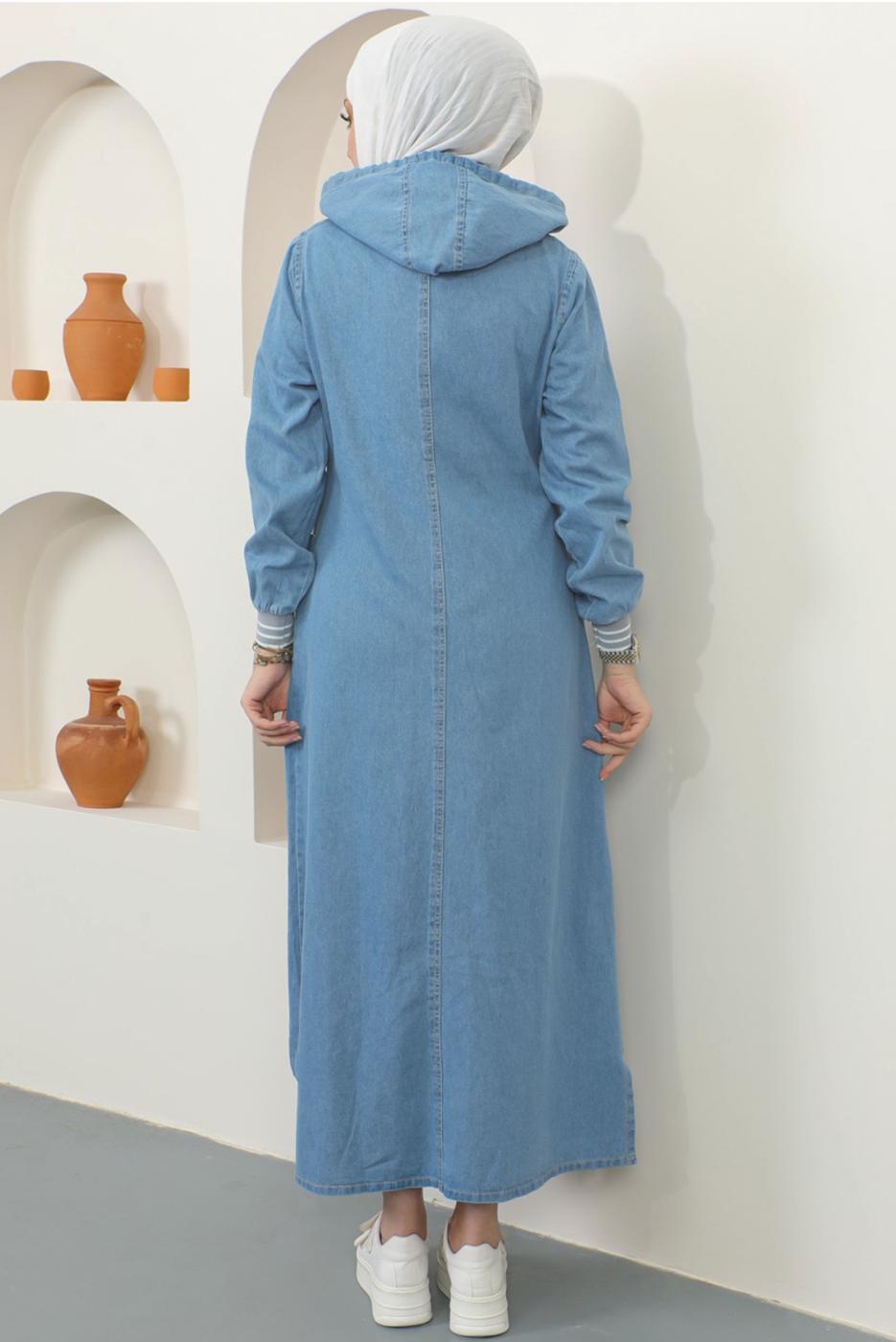 Tesettür giyim MAVİ KAPÜŞONLU DENİM KAP T 2187