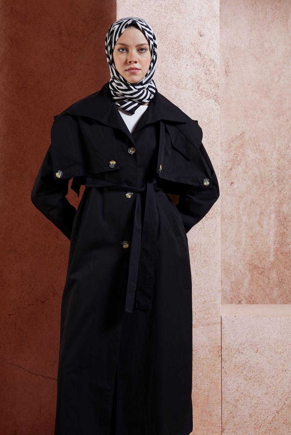 Vêtements hijab NOIR TRENCH COAT EN COTON CEINTURÉ T 3201