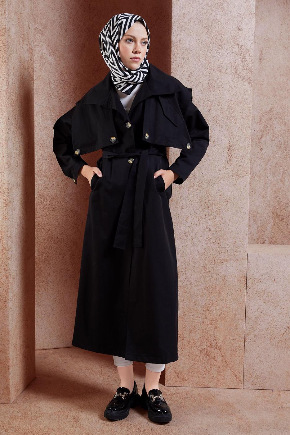 Vêtements hijab NOIR TRENCH COAT EN COTON CEINTURÉ T 3201