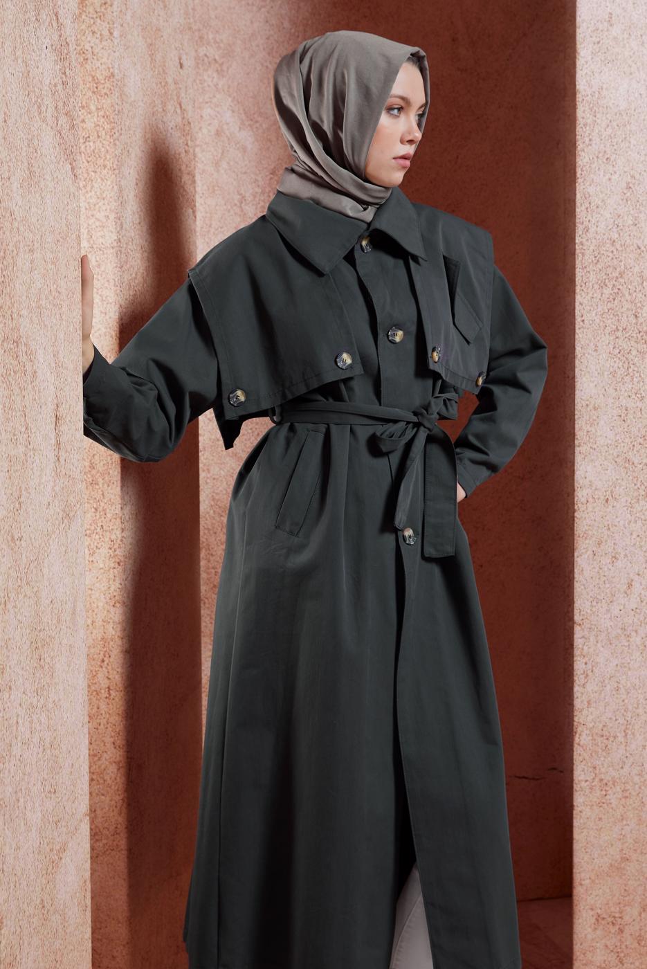 Vêtements hijab GRIS TRENCH COAT EN COTON CEINTURÉ T 3201