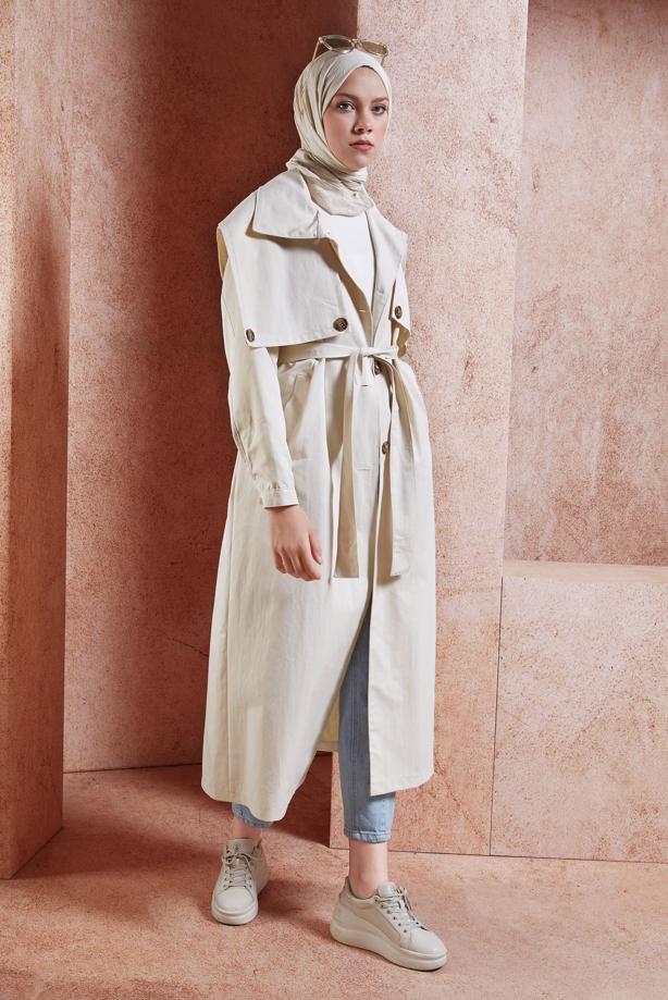 Vêtements hijab  BELTED COTTON TRENCH COAT T 3201 - TRENDTESETTÜR