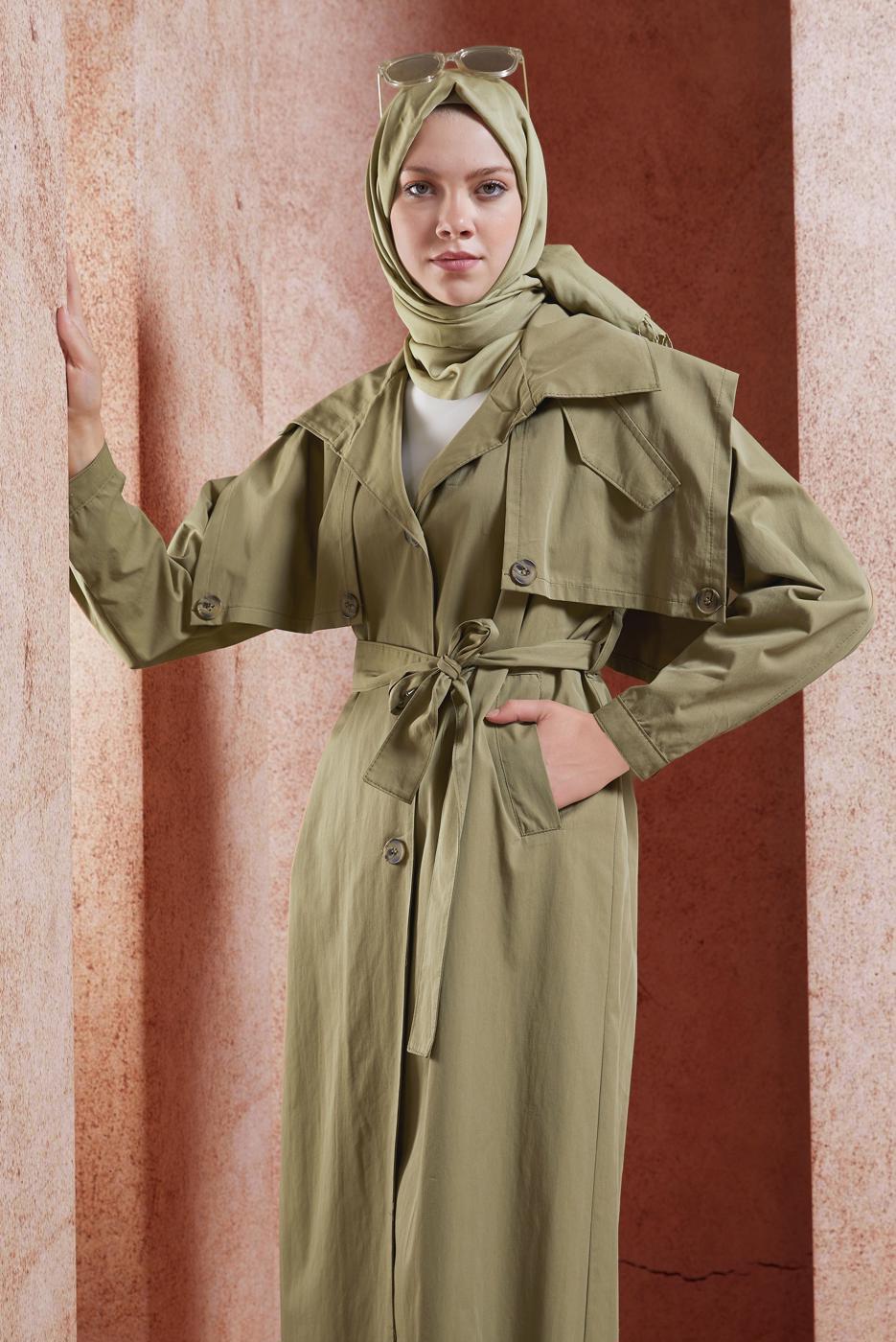 Vêtements hijab VERT TRENCH COAT EN COTON CEINTURÉ T 3201