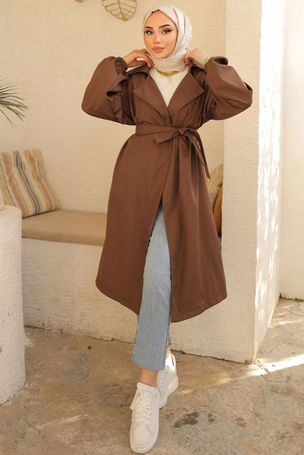 Tesettür giyim KAHVE KUŞAKLI TRENÇKOT T 33516 - TRENDTESETTÜR