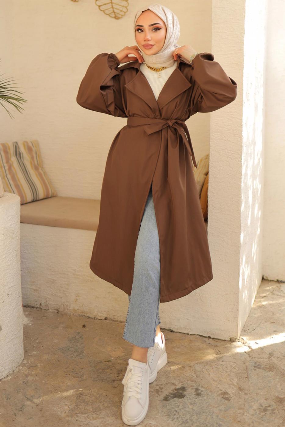 Tesettür giyim KAHVE KUŞAKLI TRENÇKOT T 33516