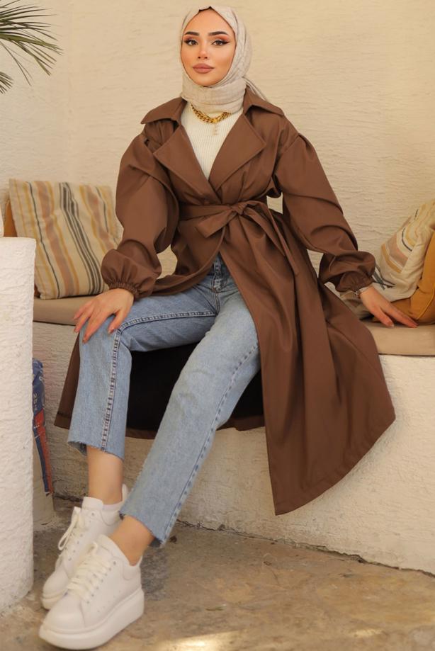 Tesettür giyim KAHVE KUŞAKLI TRENÇKOT T 33516 - TRENDTESETTÜR