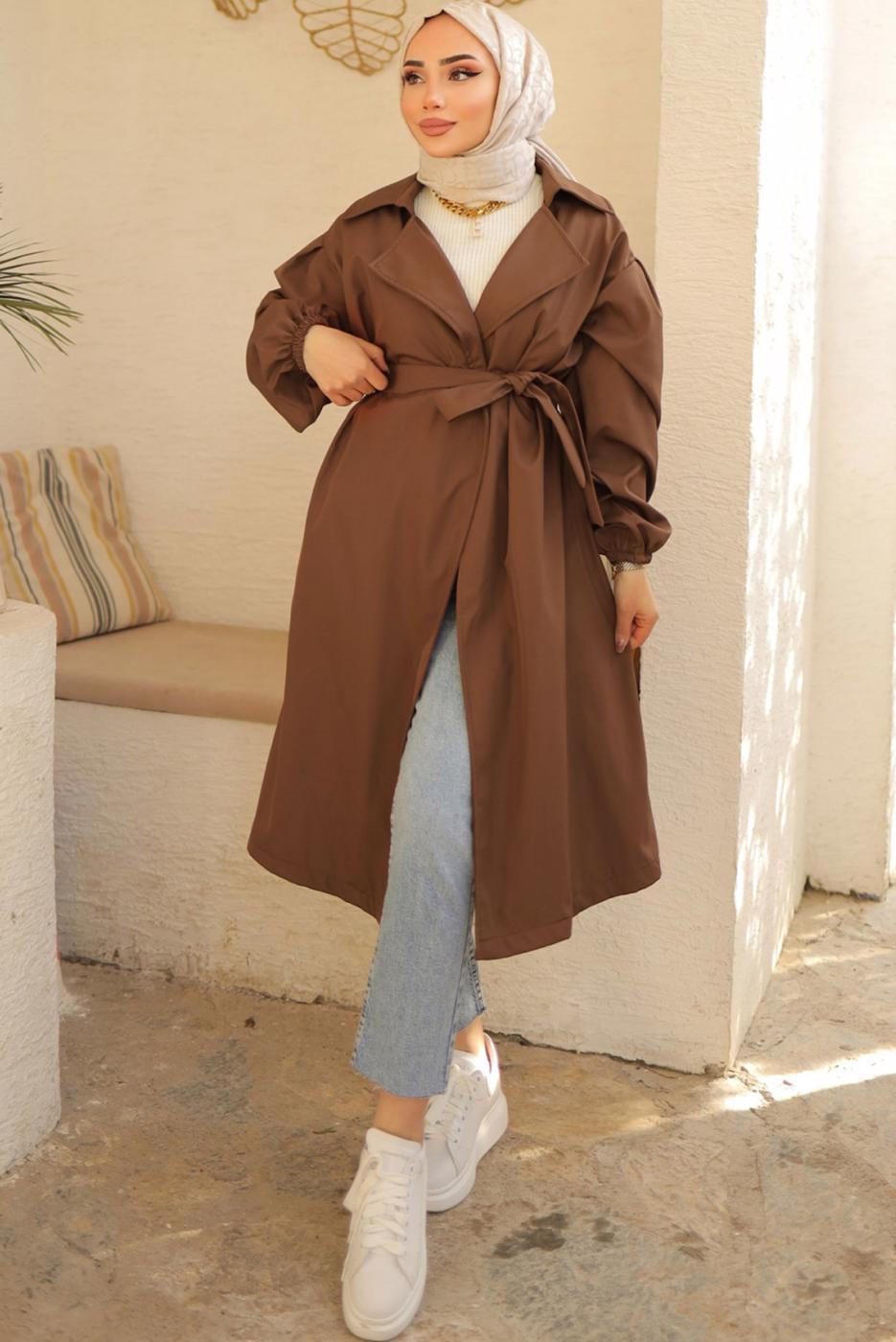 Tesettür giyim KAHVE KUŞAKLI TRENÇKOT T 33516