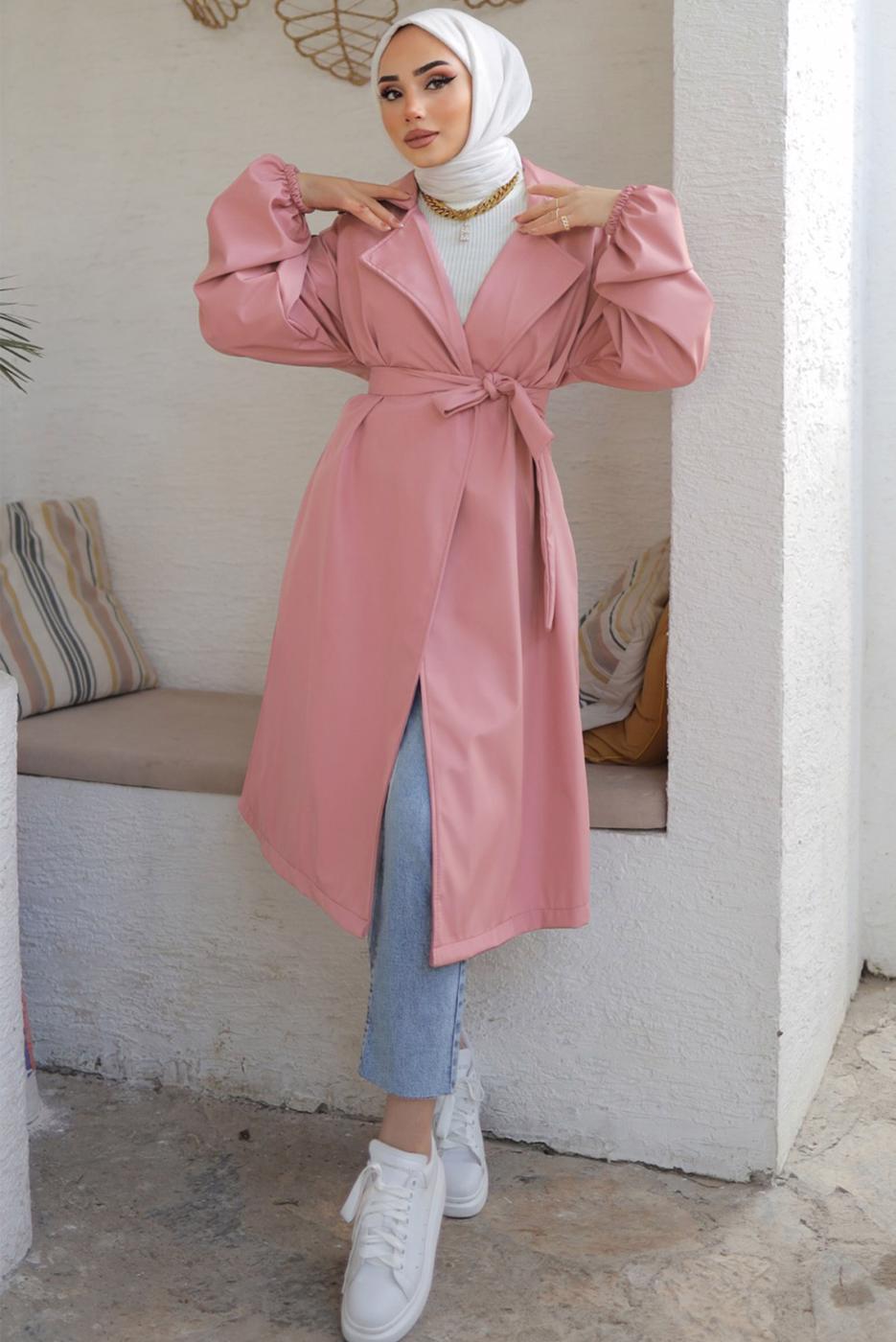 Tesettür giyim PUDRA KUŞAKLI TRENÇKOT T 33516