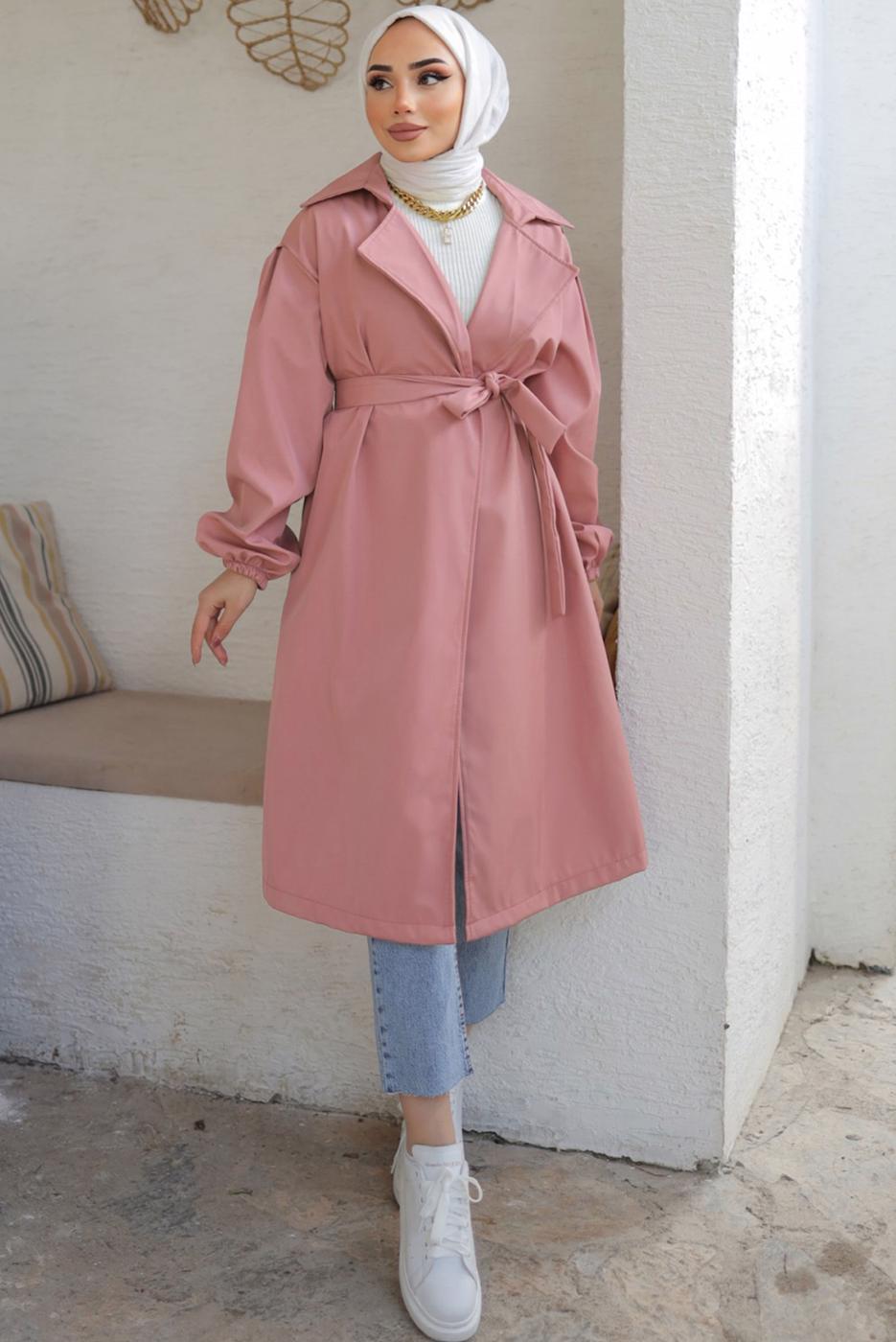 Tesettür giyim PUDRA KUŞAKLI TRENÇKOT T 33516