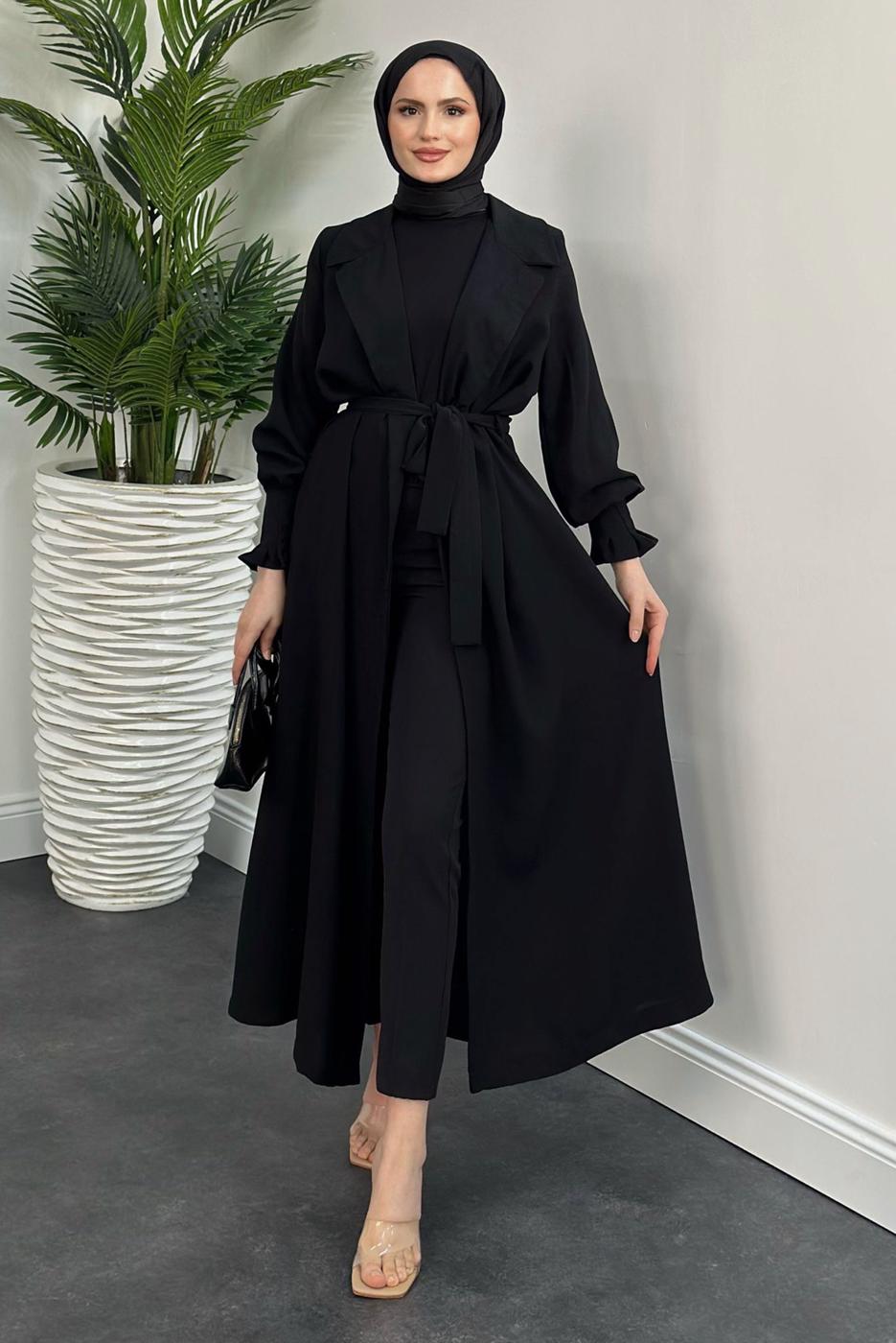 Tesettür giyim SİYAH KUŞAKLI TRENÇKOT T 3995