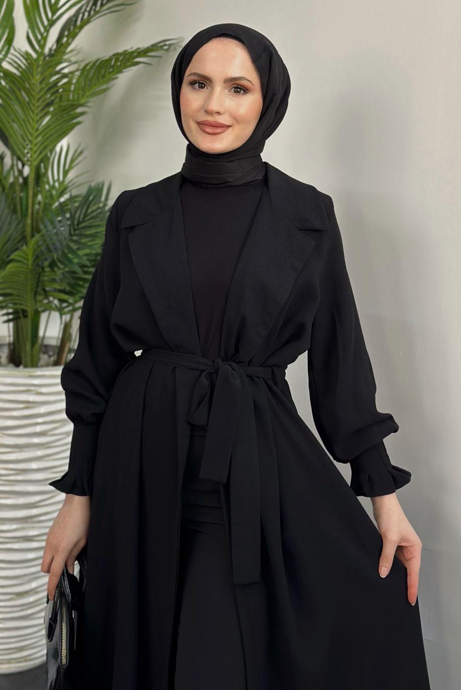 Tesettür giyim SİYAH KUŞAKLI TRENÇKOT T 3995