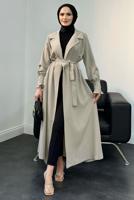 Tesettür giyim BEJ KUŞAKLI TRENÇKOT T 3995