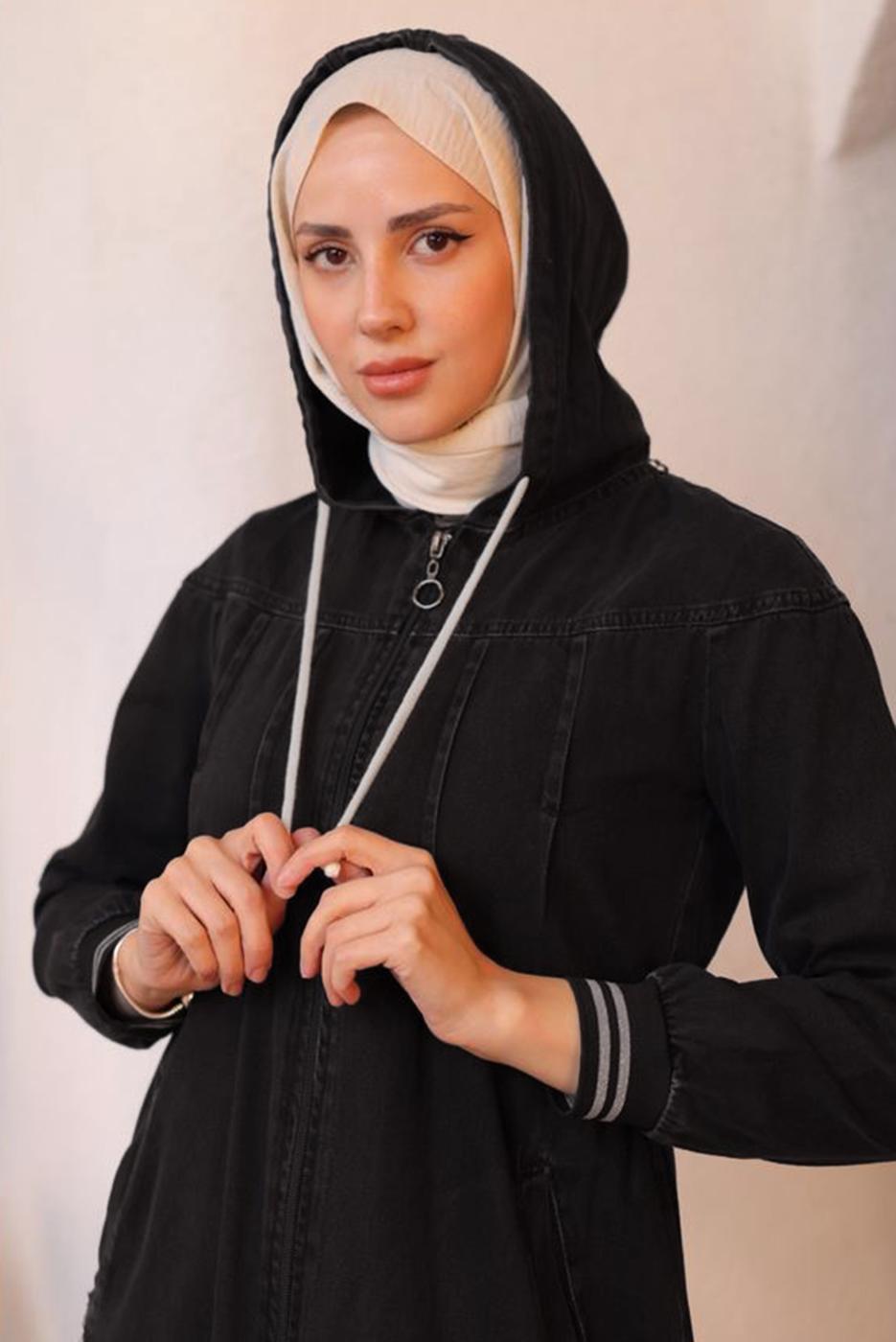 Tesettür giyim SİYAH KAPÜŞONLU TESETTÜR DENİM KAP T 4197