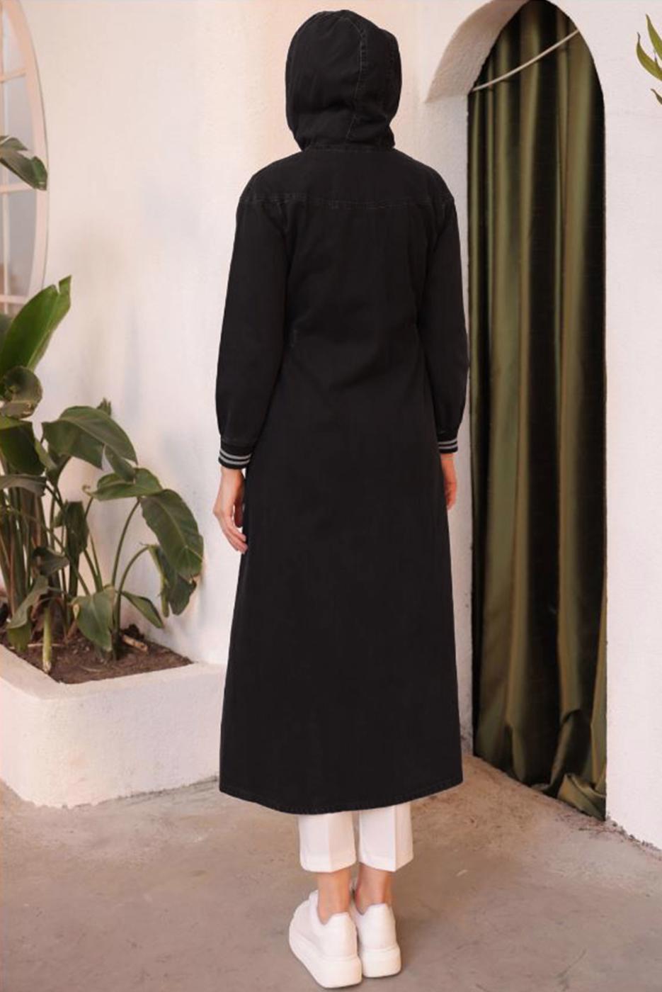 Tesettür giyim SİYAH KAPÜŞONLU TESETTÜR DENİM KAP T 4197