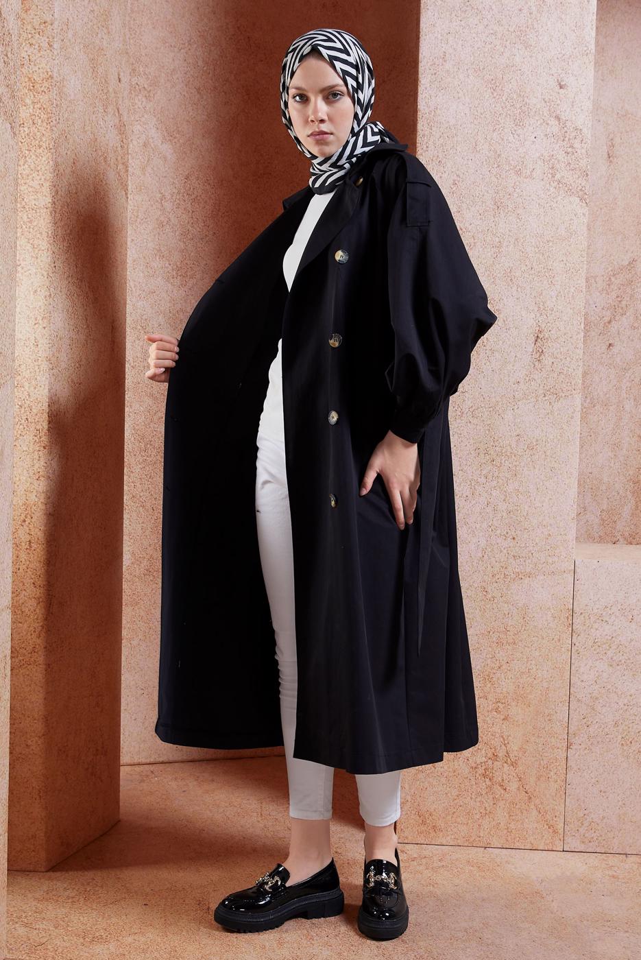 Hijab clothing BLACK BELTED COTTON TRENCH COAT T 6201 