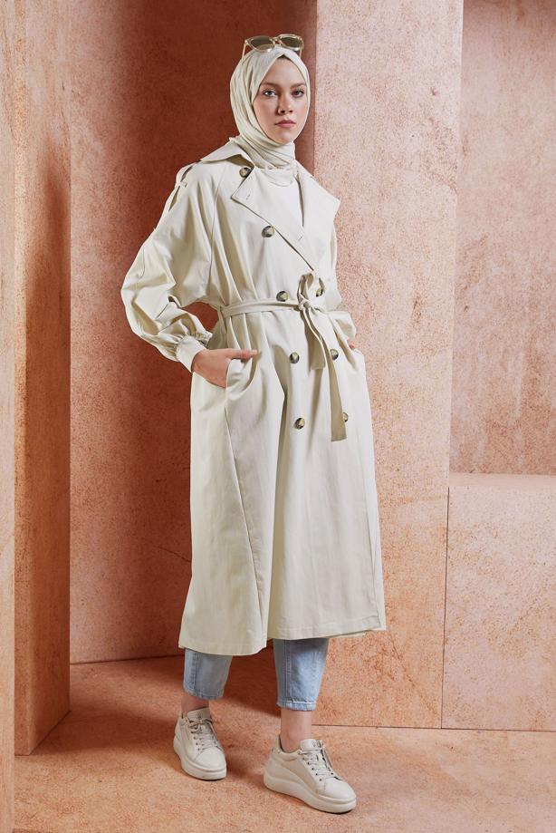 Vêtements hijab  BELTED COTTON TRENCH COAT T 6201  - TRENDTESETTÜR