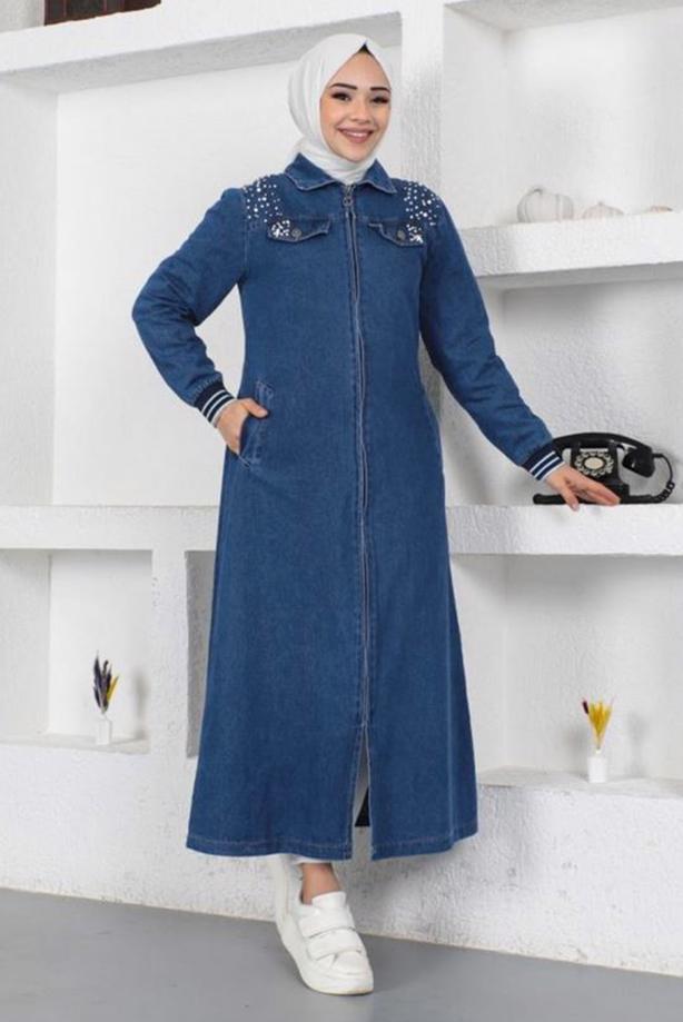 Vêtements hijab BLEU MARINE FINITION EN DENIM PERLÉ T 7808 - TRENDTESETTÜR