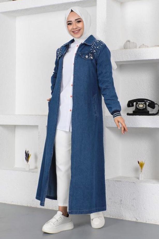 Vêtements hijab BLEU MARINE FINITION EN DENIM PERLÉ T 7808 - TRENDTESETTÜR