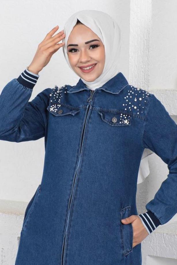 Vêtements hijab BLEU MARINE FINITION EN DENIM PERLÉ T 7808 - TRENDTESETTÜR