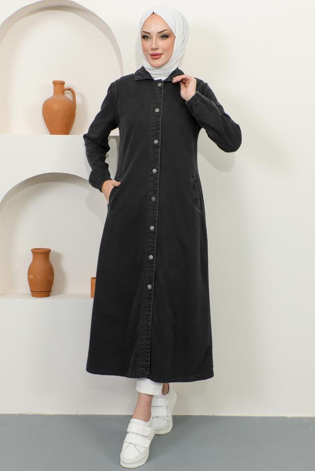 Vêtements hijab NOIR TRENCH-COAT EN JEAN COL CHEMISE T 9087 - TRENDTESETTÜR