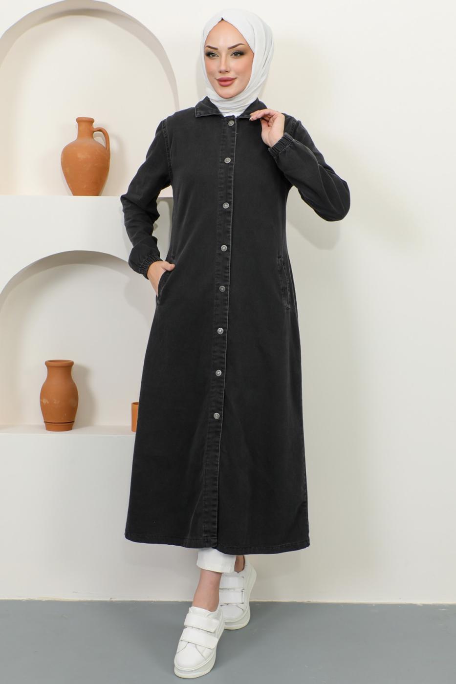 Hijab clothing BLACK SHIRT COLLAR DENIM TRENCH COAT T 9087