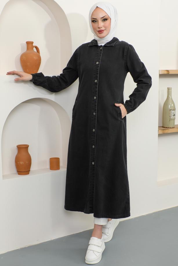 Vêtements hijab NOIR TRENCH-COAT EN JEAN COL CHEMISE T 9087 - TRENDTESETTÜR
