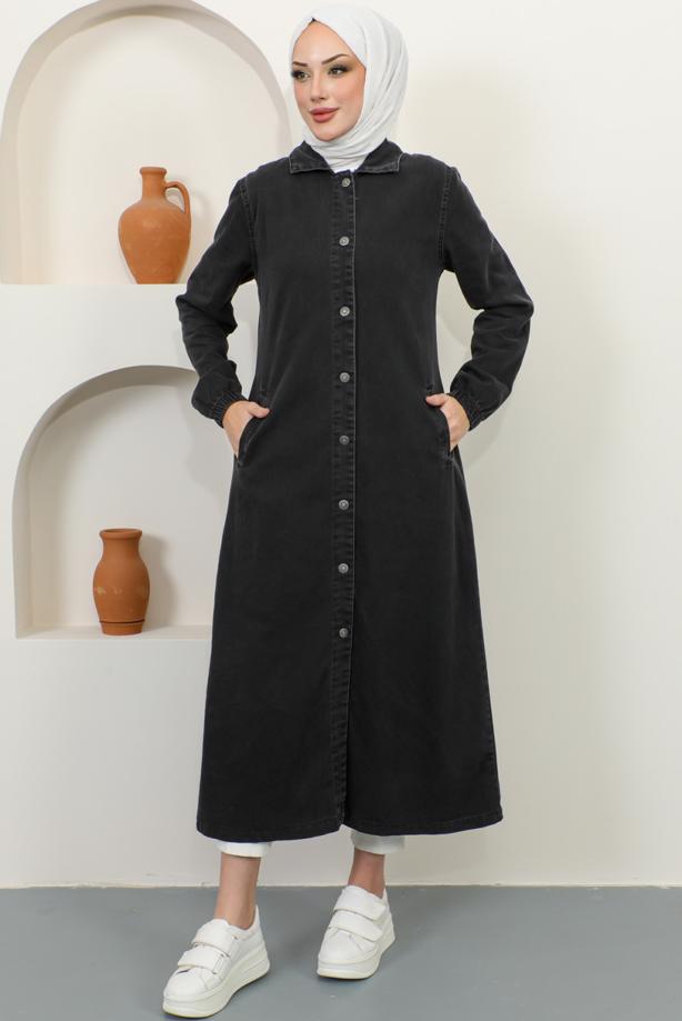 Vêtements hijab NOIR TRENCH-COAT EN JEAN COL CHEMISE T 9087 - TRENDTESETTÜR