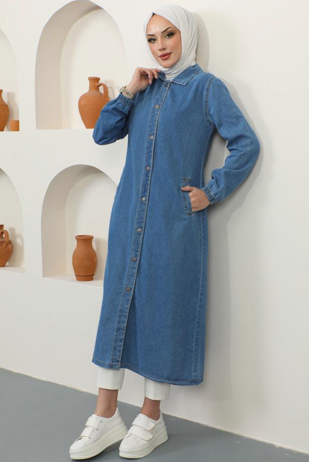 Vêtements hijab BLEU MARINE TRENCH-COAT EN JEAN COL CHEMISE T 9087 - TRENDTESETTÜR