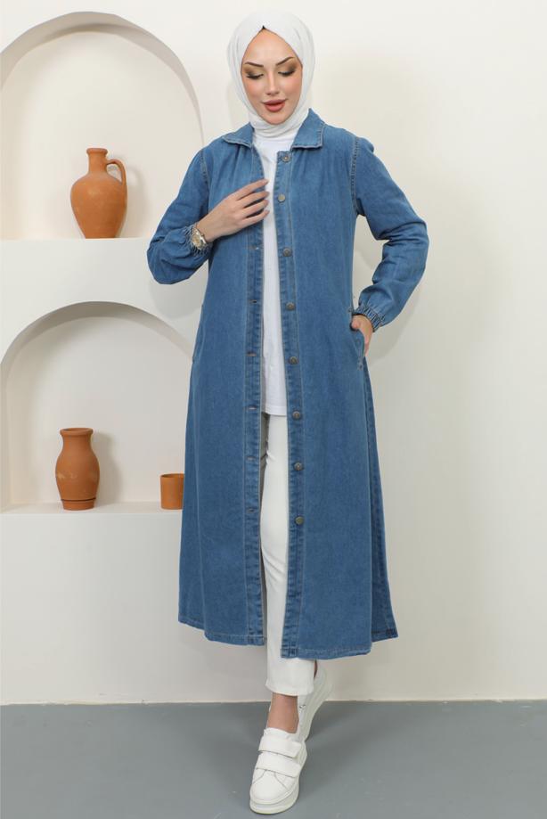 Vêtements hijab BLEU MARINE TRENCH-COAT EN JEAN COL CHEMISE T 9087 - TRENDTESETTÜR