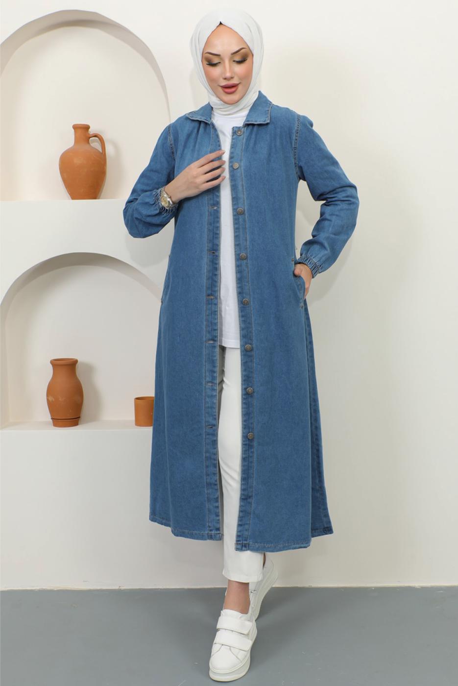 Vêtements hijab BLEU MARINE TRENCH-COAT EN JEAN COL CHEMISE T 9087