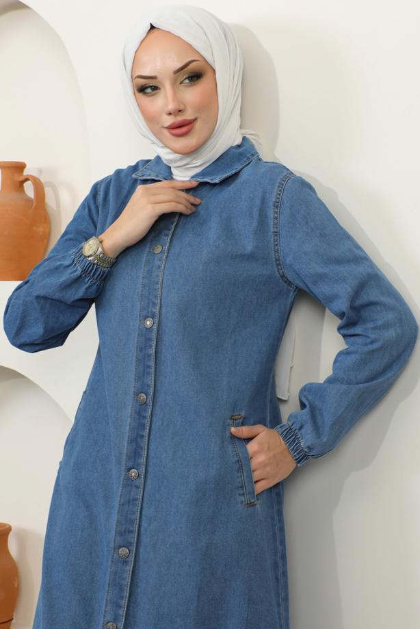 Vêtements hijab BLEU MARINE TRENCH-COAT EN JEAN COL CHEMISE T 9087 - TRENDTESETTÜR