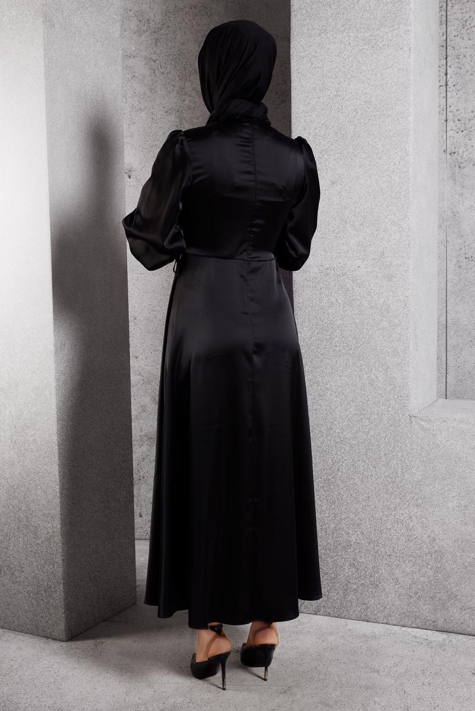 Tesettür giyim SİYAH SATEN ABİYE ELBİSE T 0516