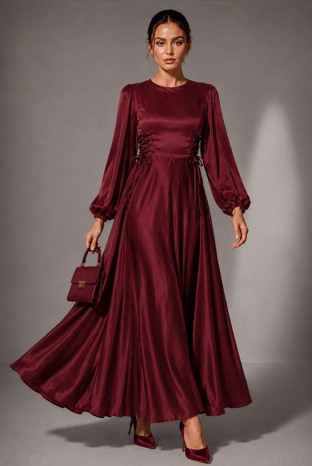 Tesettür giyim BORDO SATEN ABİYE ELBİSE T 0516 - TRENDTESETTÜR