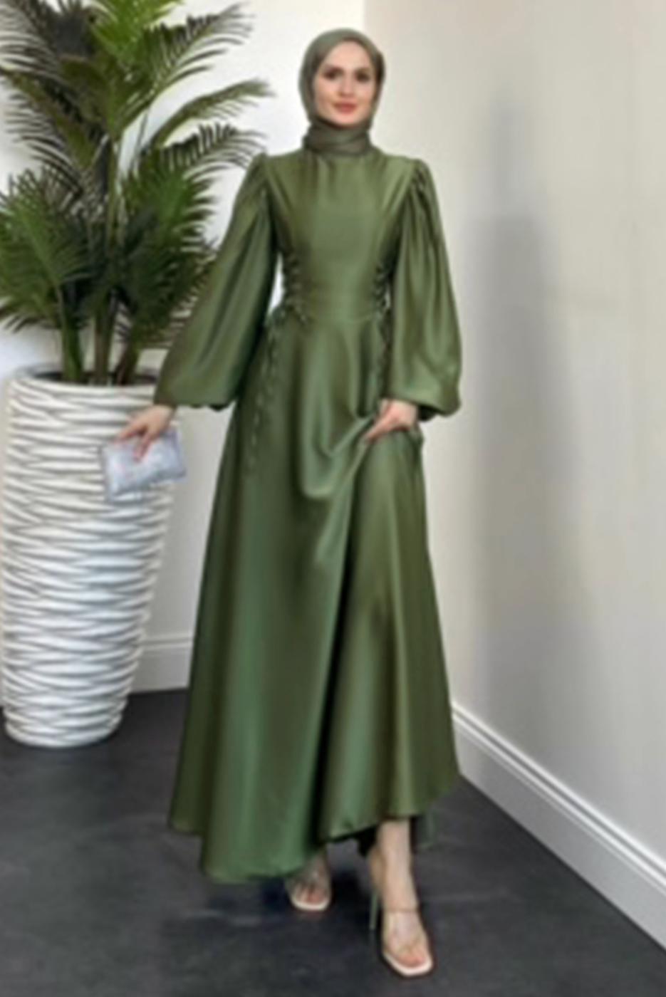 Tesettür giyim HAKİ SATEN ABİYE ELBİSE T 0516