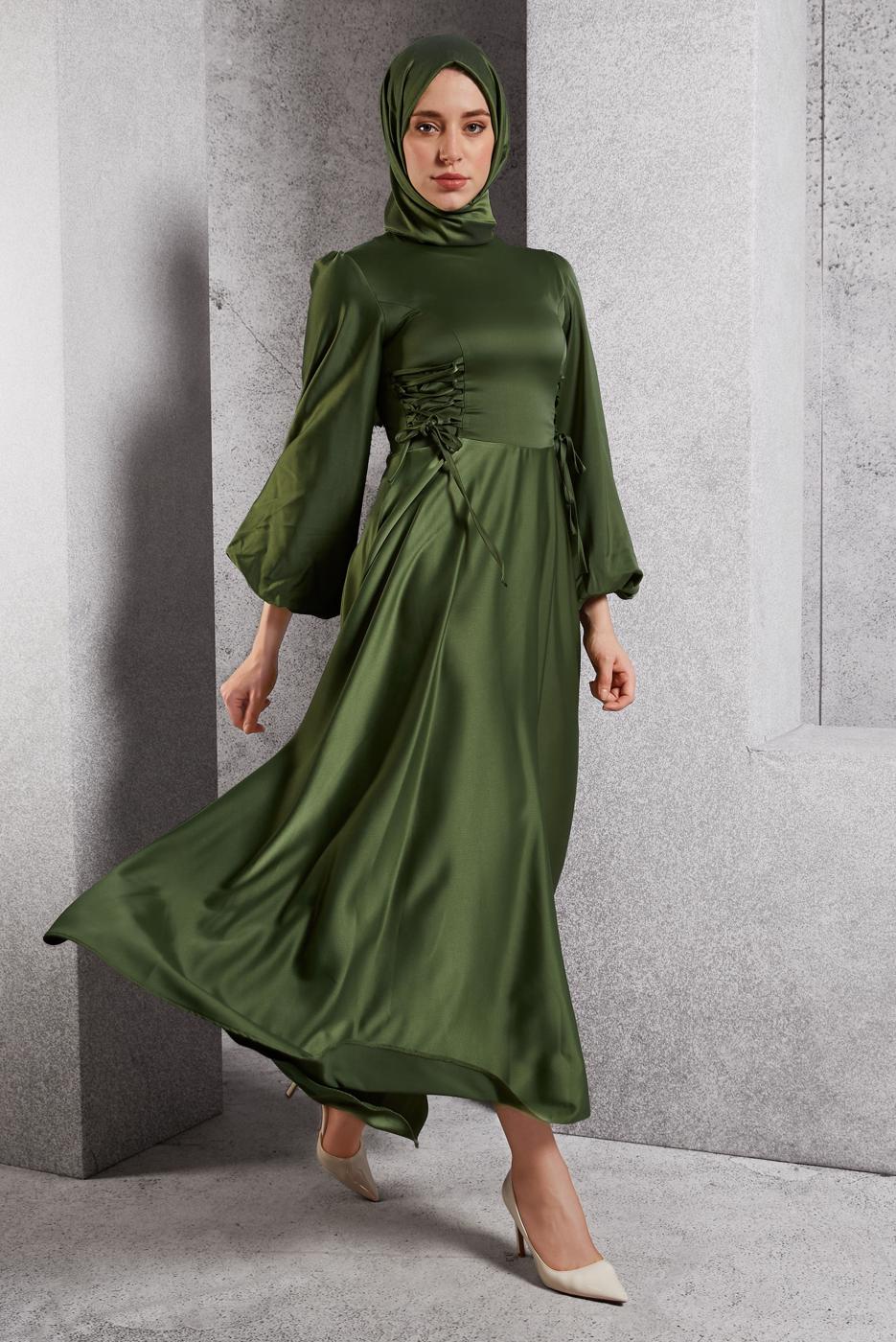 Tesettür giyim HAKİ SATEN ABİYE ELBİSE T 0516