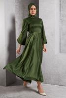 Tesettür giyim HAKİ SATEN ABİYE ELBİSE T 0516