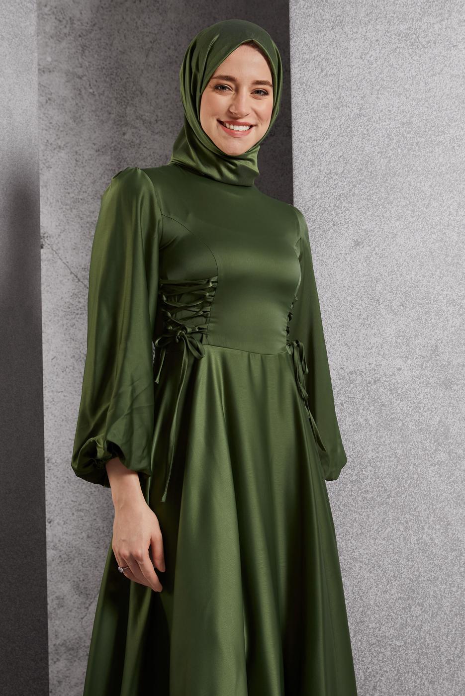 Tesettür giyim HAKİ SATEN ABİYE ELBİSE T 0516