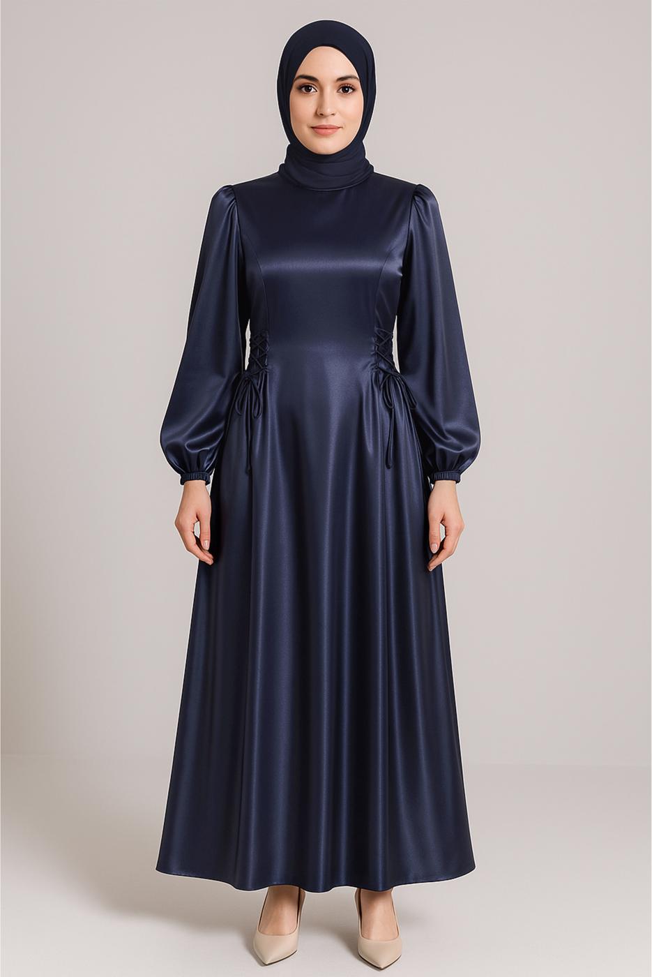Tesettür giyim LACİVERT SATEN ABİYE ELBİSE T 0516