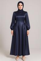 Tesettür giyim LACİVERT SATEN ABİYE ELBİSE T 0516