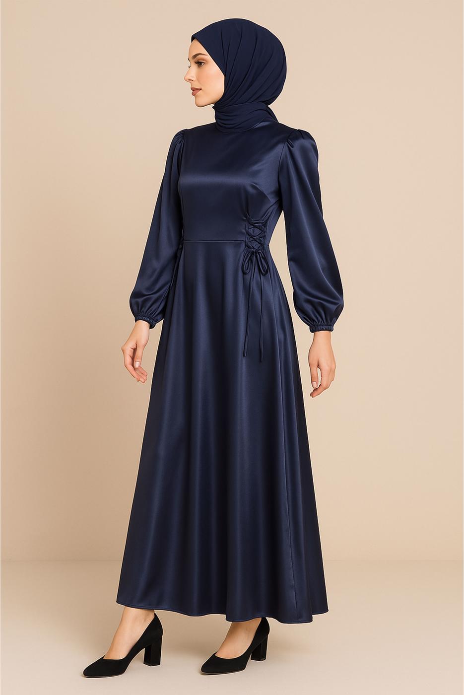 Tesettür giyim LACİVERT SATEN ABİYE ELBİSE T 0516