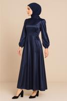 Tesettür giyim LACİVERT SATEN ABİYE ELBİSE T 0516