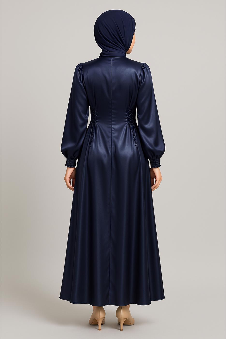Tesettür giyim LACİVERT SATEN ABİYE ELBİSE T 0516