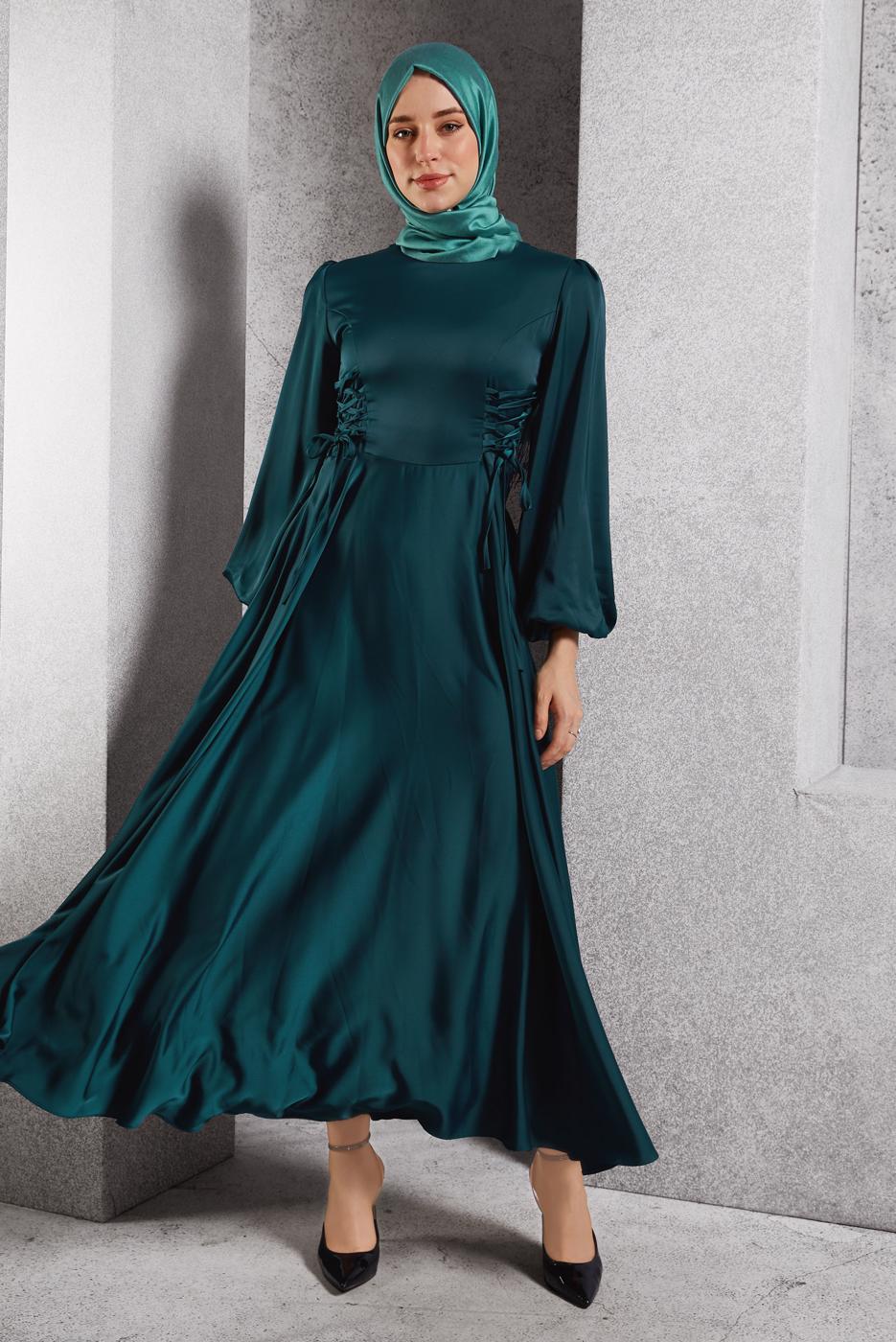Tesettür giyim MAVİ SATEN ABİYE ELBİSE T 0516