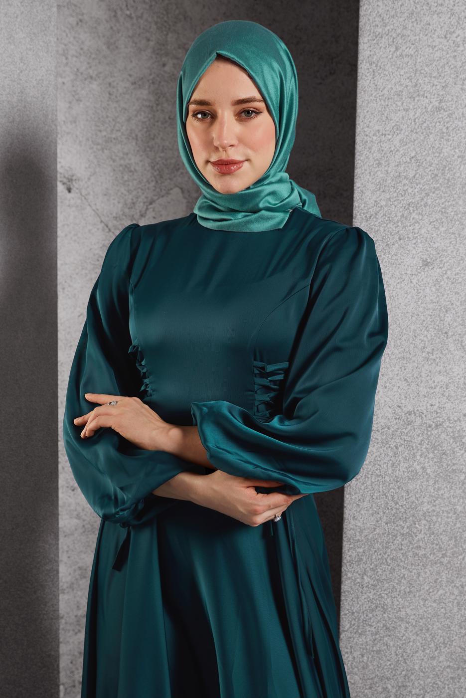 Tesettür giyim MAVİ SATEN ABİYE ELBİSE T 0516