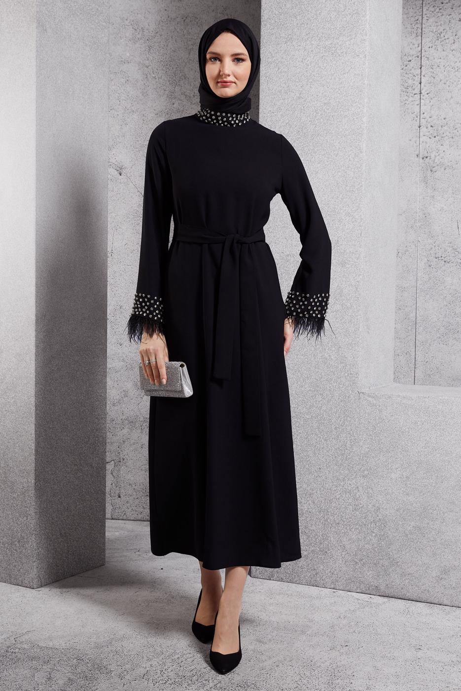 Tesettür giyim SİYAH TAŞ DETAYLI ABİYE ELBİSE T 1344