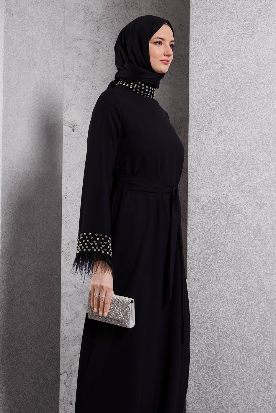 Tesettür giyim SİYAH TAŞ DETAYLI ABİYE ELBİSE T 1344