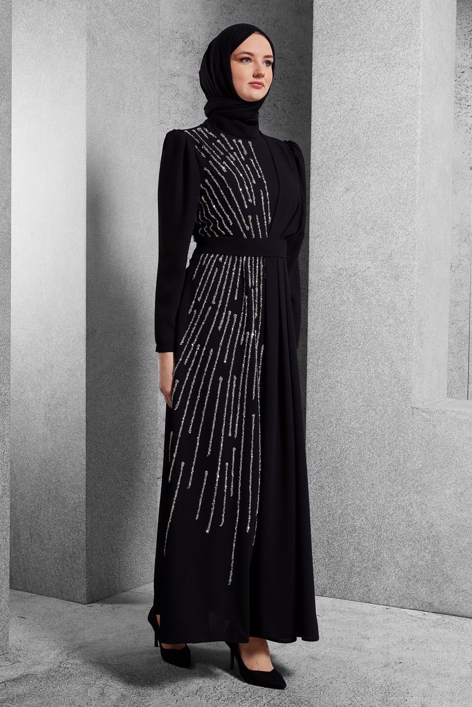 Tesettür giyim SİYAH TAŞ BASKILI ABİYE ELBİSE T 1364