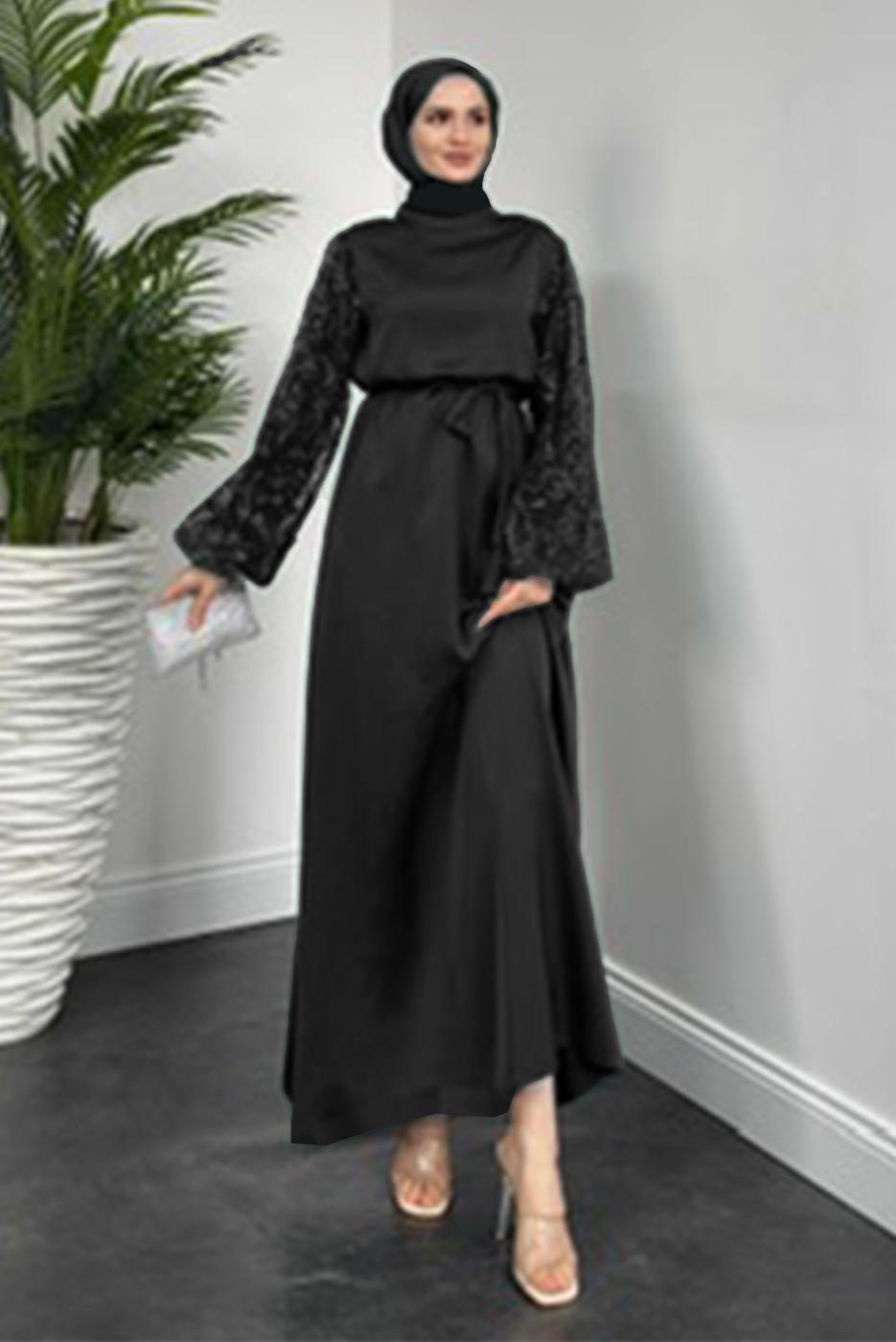 Tesettür giyim SİYAH KUŞAKLI SATEN ABİYE ELBİSE T 1516