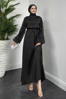 Tesettür giyim SİYAH KUŞAKLI SATEN ABİYE ELBİSE T 1516