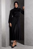 Tesettür giyim SİYAH KUŞAKLI SATEN ABİYE ELBİSE T 1516