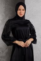 Tesettür giyim SİYAH KUŞAKLI SATEN ABİYE ELBİSE T 1516